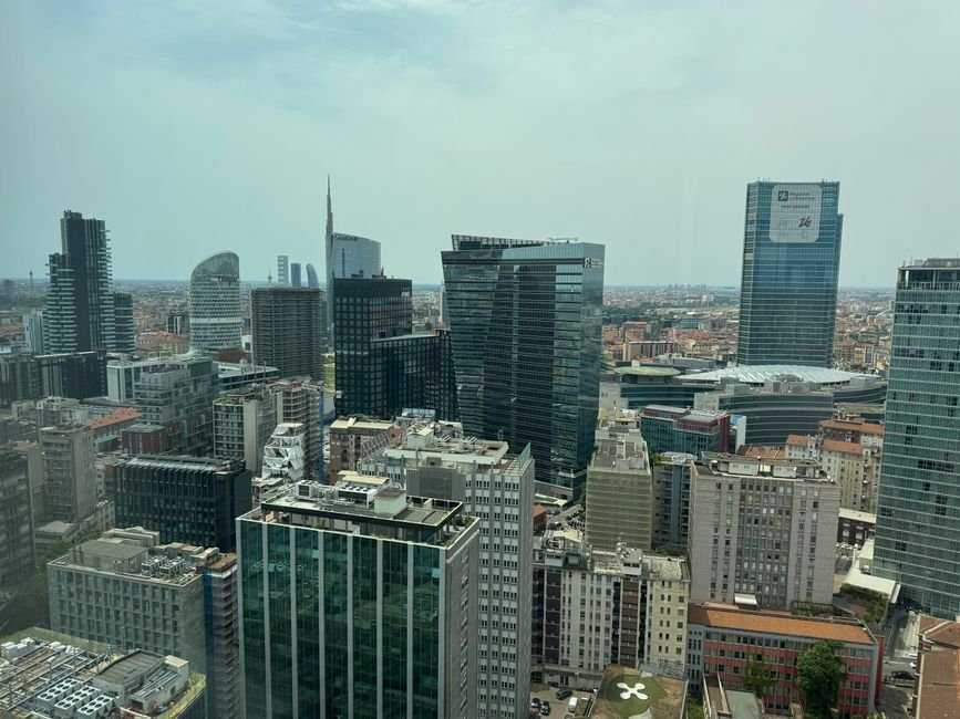 Aerial view of Milan's modern skyline featuring iconic skyscrapers on a clear day.